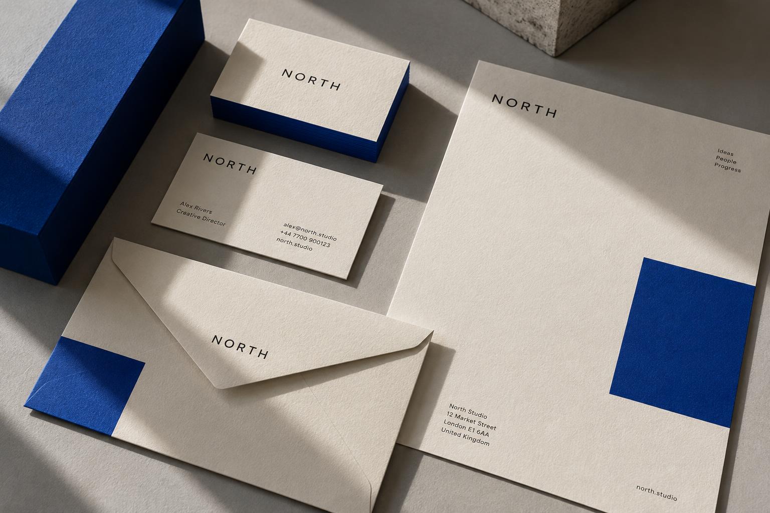 Sample North stationery with cobalt blue envelopes and textured business cards
